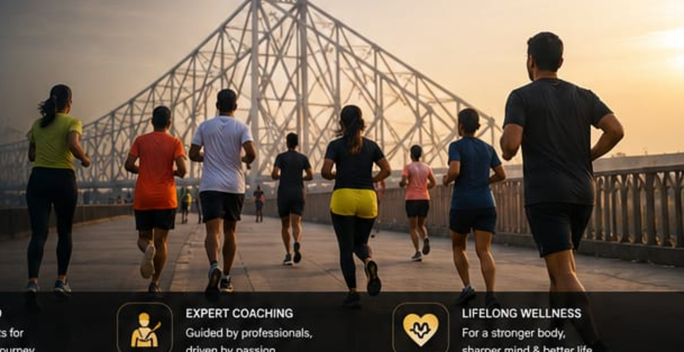 Runners on Howrah Bridge at sunrise